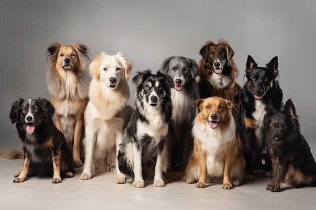 Eine Gruppe Hunde sitzt zusammen, einer davon ist schwarz und weiß.