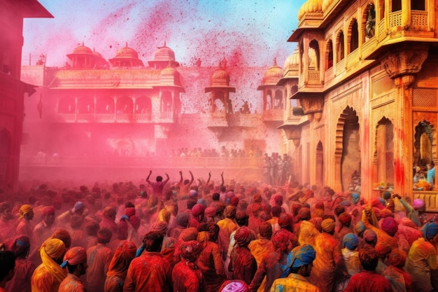 Eine Gruppe indischer Menschen feiert das Holi-Festival Generative AI