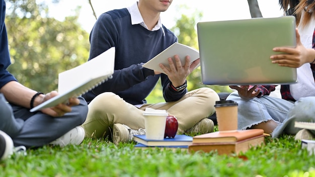 Eine Gruppe intelligenter junger asiatischer College-Studenten, die gemeinsam an ihrem Gruppenprojekt im Park arbeiten