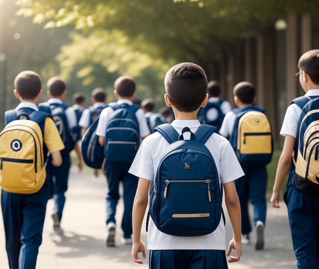 Eine Gruppe Jungen geht mit Rucksäcken auf dem Rücken eine Straße entlang