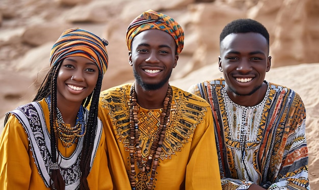 Eine Gruppe junger afroamerikanischer Menschen in traditioneller Kleidung in der Wüste, alle lächelnd
