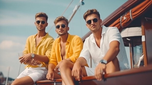 Eine Gruppe junger attraktiver Models vergnügt sich, während sie sich auf dem Deck der Yacht am Meer entspannen. Generative KI