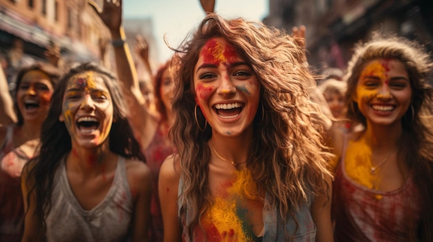 Eine Gruppe junger Frauen springt in die Luft, um das Holi-Festival zu feiern