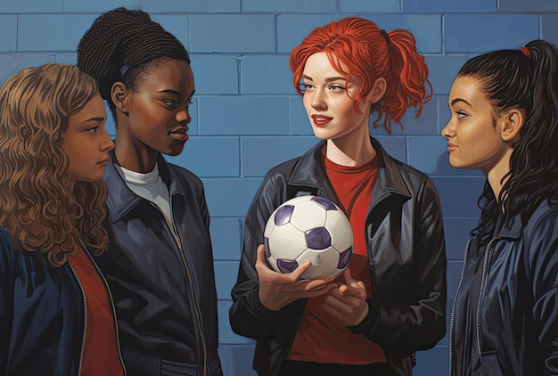 eine Gruppe junger Frauen steht neben dem Fußball im Stil der jugendlichen Energie