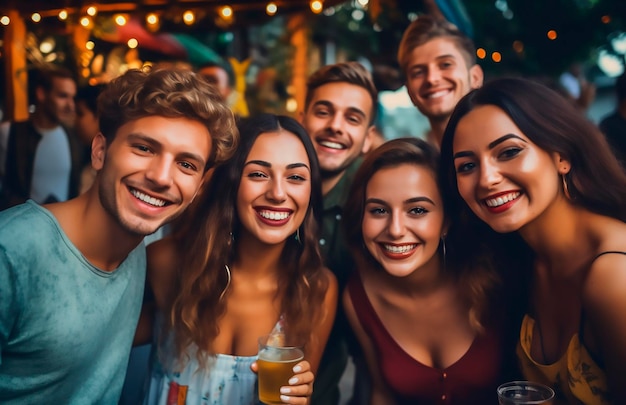 Eine Gruppe junger Freunde lächeln zusammen in einer lebendigen Nachtclubumgebung