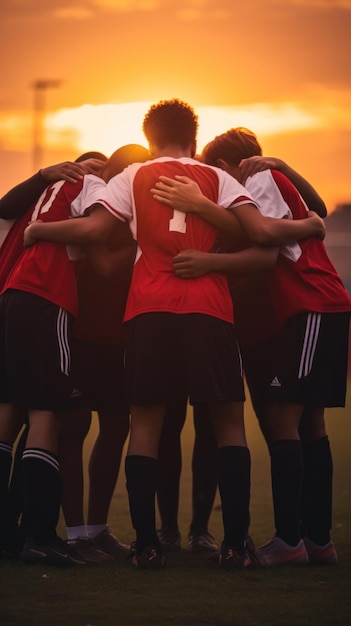 Foto eine gruppe junger fußballspieler, die sich in einem teamgespräch zusammengedrängt haben, während die sonne hinter ihnen untergeht