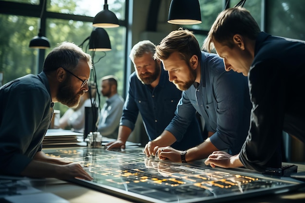 Eine Gruppe junger Geschäftsleute in schlauer Freizeitkleidung arbeitet zusammen in einem modernen Büro