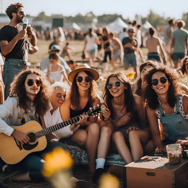 Foto eine gruppe junger leute amüsiert sich auf einem sommermusikfestival eine gruppe von freunden amüsiert sich am strand