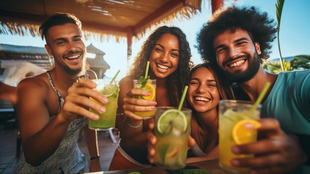 Eine Gruppe junger Leute, die sich im Sommer draußen in einer Bar amüsieren und Getränke trinken, Freunde, die mit Cocktails jubeln und lächeln, die miteinander lachen