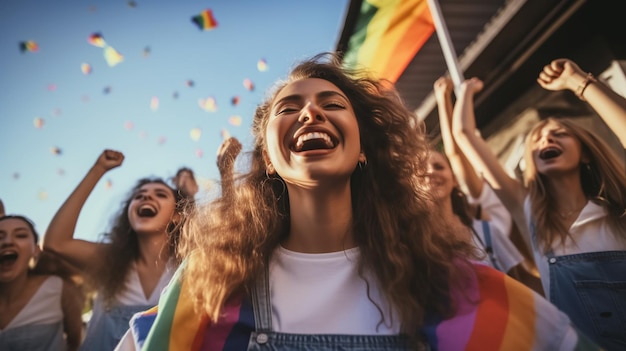 Eine Gruppe junger Leute feiert den Pride Month