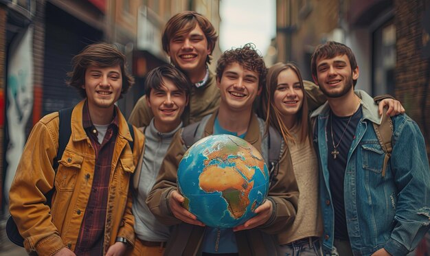 Foto eine gruppe junger leute hält einen globus erde