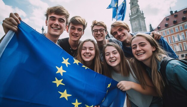 Eine Gruppe junger Leute macht ein Selfie im Hintergrund. Die Flagge der Europäischen Union weht.