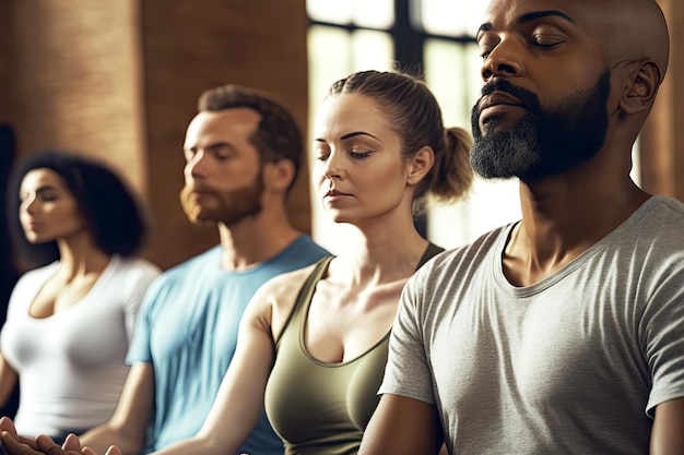 Eine Gruppe junger Leute sitzt drinnen in Yoga-Lotus-Pose