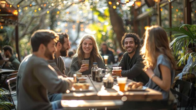Eine Gruppe junger Leute trinkt Kaffee im Café-Bar-Garten