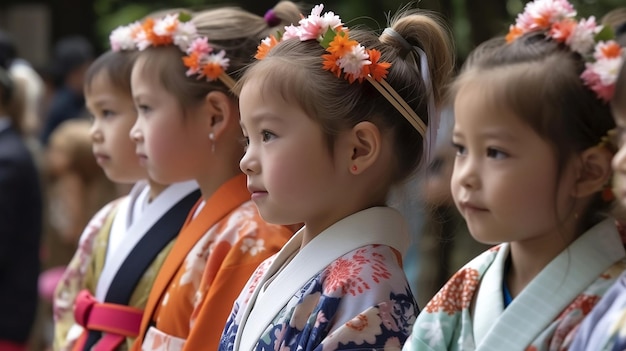 Eine Gruppe junger Mädchen in Kimonos steht auf einem japanischen Festival in der Schlange.