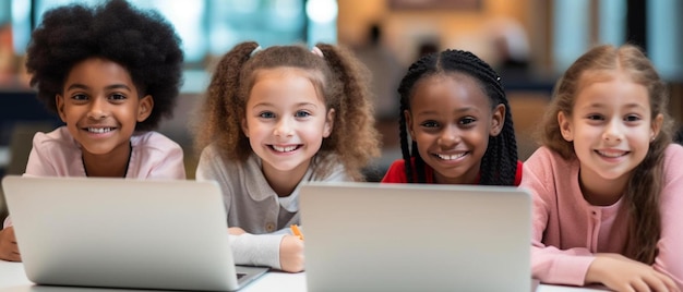 Eine Gruppe junger Mädchen sitzt vor einem Laptop