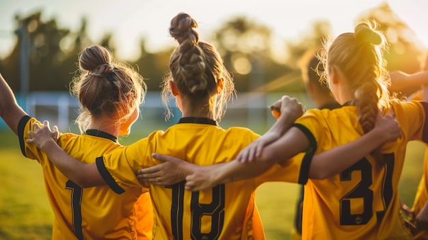 Foto eine gruppe junger mädchen spielt fußball