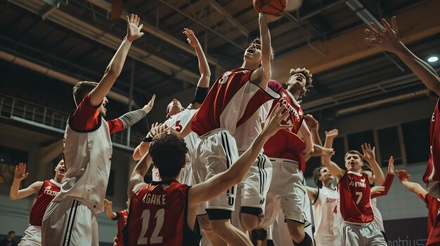 Eine Gruppe junger Männer spielt Basketball in einem intensiven Spiel. Sie springen hoch, um den Ball über dem Rand zu erreichen.