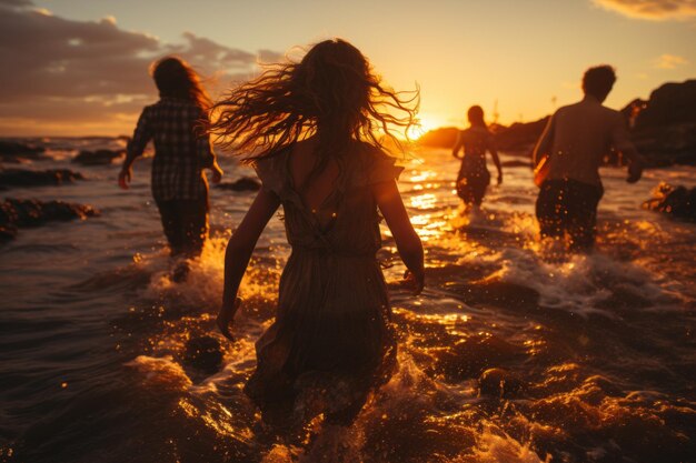 eine Gruppe junger Menschen, die vor dem Hintergrund des Sonnenuntergangs im Meer planschen Generative KI