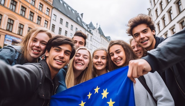 Foto eine gruppe junger menschen macht ein selfie, im hintergrund weht die flagge der europäischen union