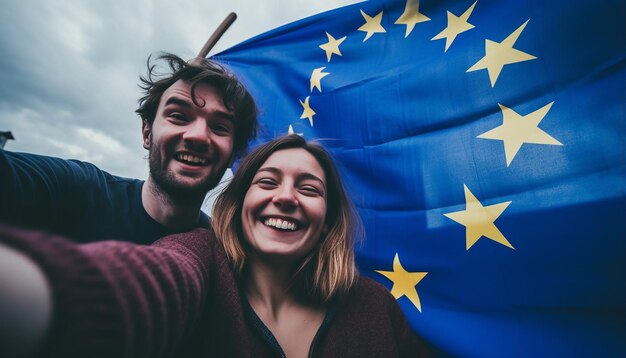 Eine Gruppe junger Menschen macht ein Selfie, im Hintergrund weht die Flagge der Europäischen Union