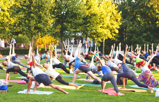 Eine Gruppe junger Menschen macht Yoga im Park bei Sonnenuntergang.