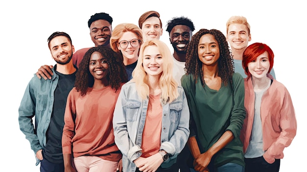 Eine Gruppe junger Menschen verschiedener Ethnien lächelt und steht isoliert auf weißem Hintergrund zusammen