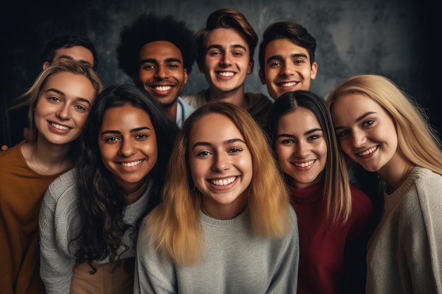 Eine Gruppe junger Menschen verschiedener Rassen lächelt vor der Kamera