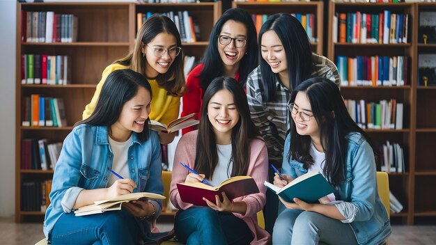 Eine Gruppe junger, zufälliger multinationaler Studenten, die freudig mit einem Buch studieren und gemeinsam Notizen machen