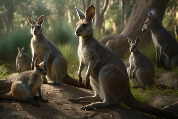 Eine Gruppe Kängurus sitzt auf einem Felsen in einem Wald.