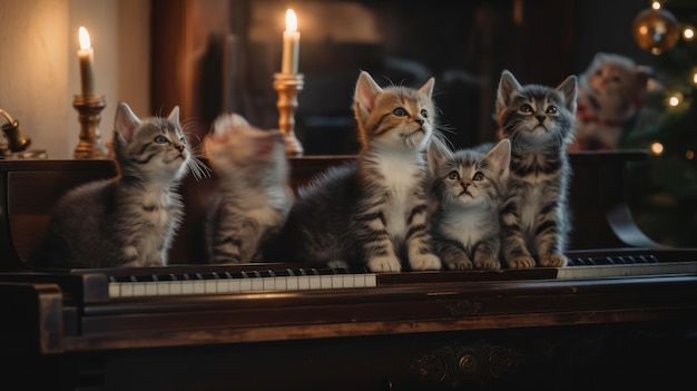 Eine Gruppe Kätzchen sitzt auf einem Klavier. Generatives KI-Bild