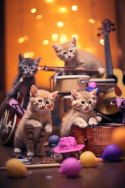 Eine Gruppe Kätzchen sitzt auf einem Tisch. Generatives KI-Bild