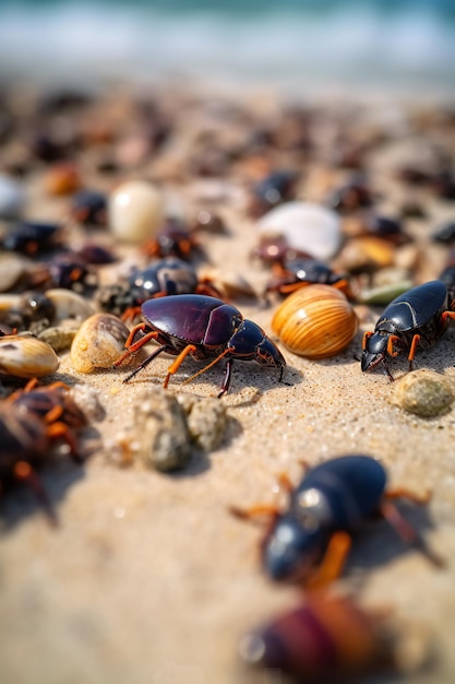 Eine Gruppe Kakerlaken ist auf dem Sand.