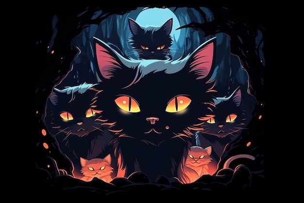Eine Gruppe Katzen an Halloween, auf der eine von ihnen eine schwarze Katze hat