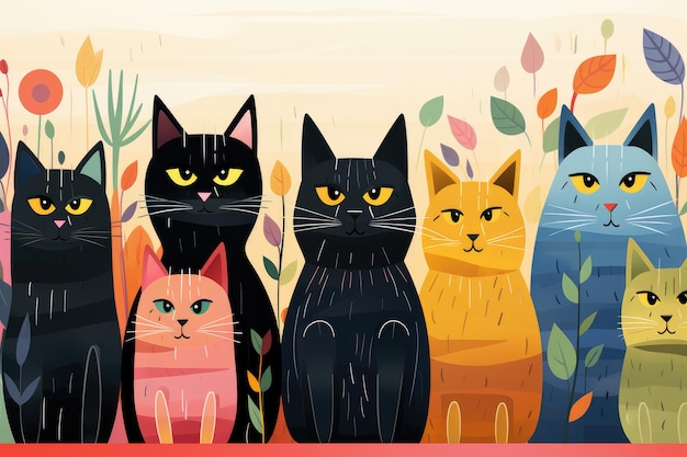 Eine Gruppe Katzen in einem farbenfrohen geometrischen Muster Ristograph Art