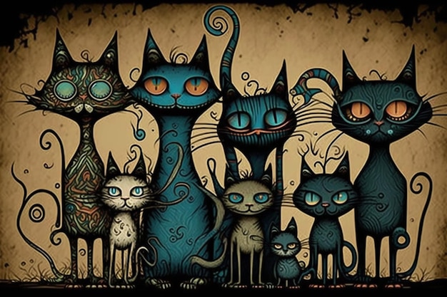 Eine Gruppe Katzen mit einer davon auf braunem Hintergrund.