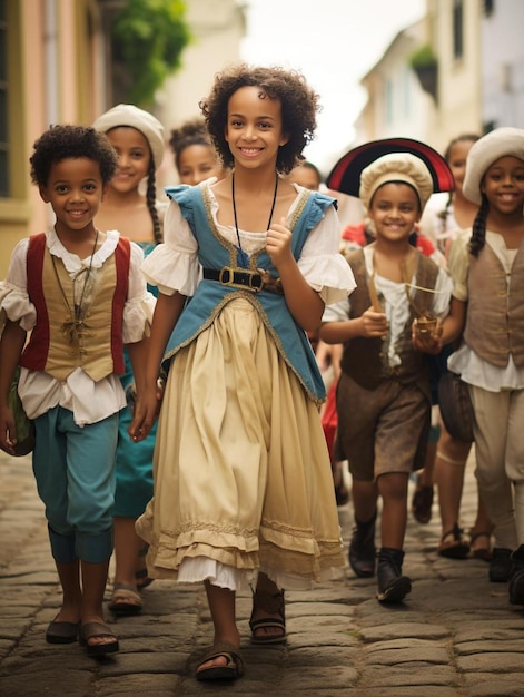 Eine Gruppe Kinder geht mit einer Gruppe kostümierter Kinder eine Straße entlang.