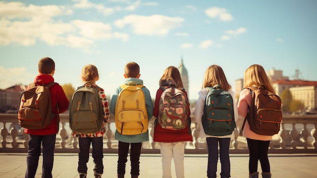 eine Gruppe Kinder mit Rucksäcken, die auf eine Stadt blicken.