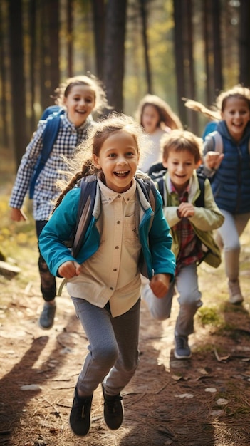Eine Gruppe Kinder rennt durch den Wald