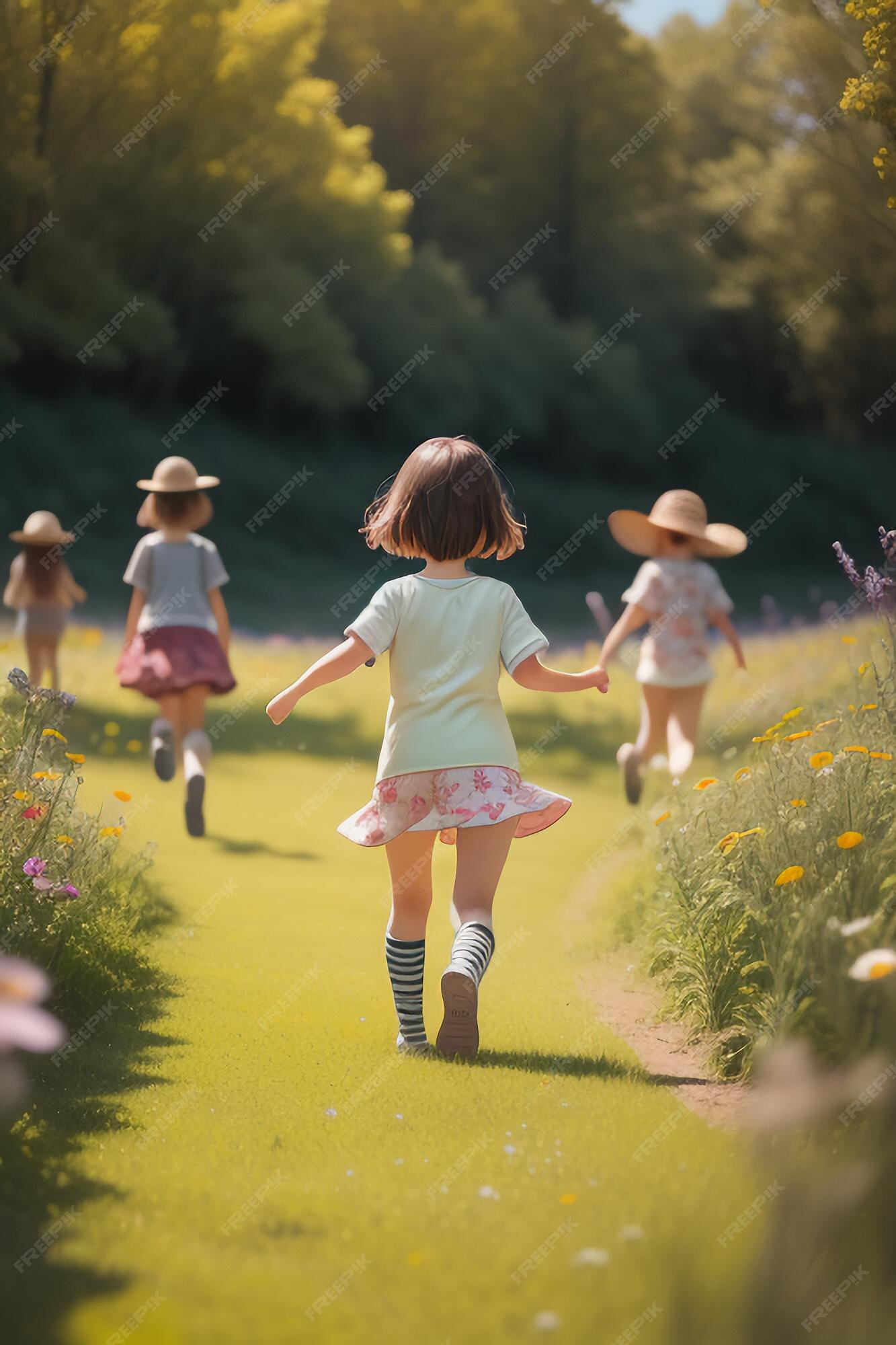 Eine gruppe kinder rennt mit hüten und stöcken in der hand einen weg entlang. PremiumFoto