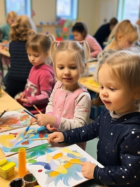 Eine Gruppe Kinder sitzt an einem Tisch und malt