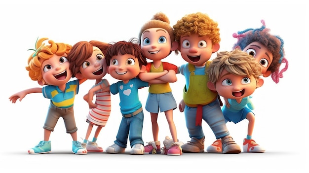 Eine Gruppe Kinder steht in einer Reihe, eines von ihnen hat ein blaues Hemd mit der Aufschrift „Pixar“.