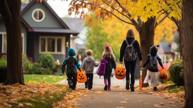 Eine Gruppe Kinder trägt Kürbisse eine Straße entlang.