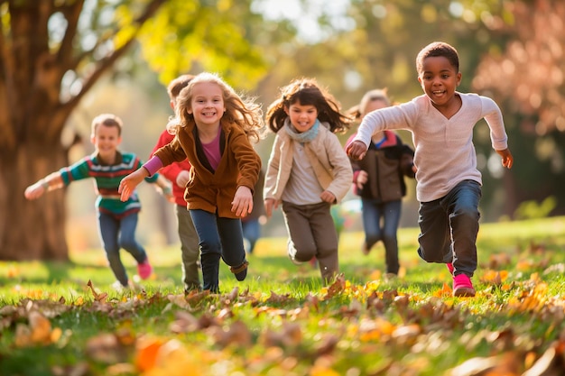 Eine Gruppe kleiner Kinder läuft im Park im Herbst