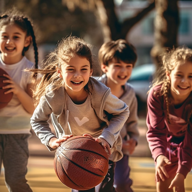 Eine Gruppe kleiner Kinder spielt Basketball, eines von ihnen hält einen Basketball.