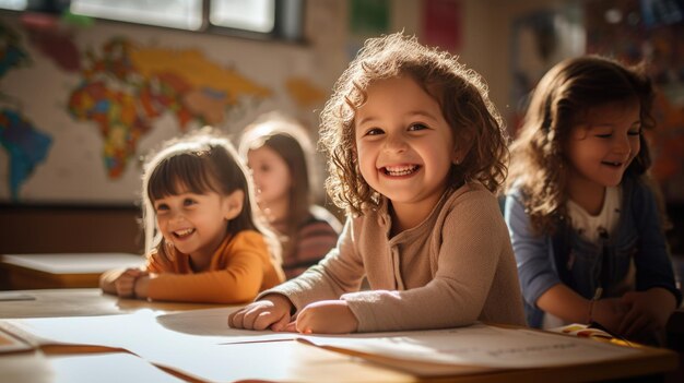 Eine Gruppe kleiner Vorschüler sitzt am Schreibtisch im Hintergrund der Klasse