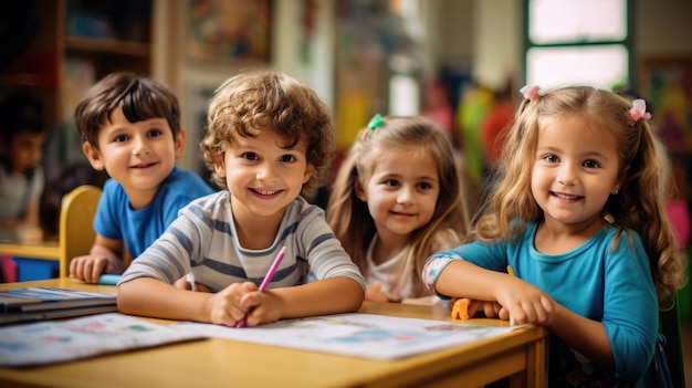 Eine Gruppe kleiner Vorschulkinder sitzt am Schreibtisch im Hintergrund der Klasse