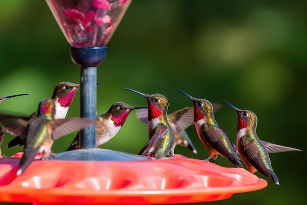 Eine Gruppe Kolibris versammelte sich um ein Futterhäuschen