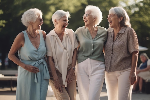 Eine Gruppe lachender glücklicher älterer Frauen in hellen Kleidern, die im Sommer im Freien stehen