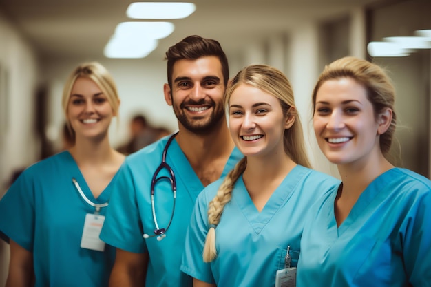eine Gruppe lächelnder medizinischer Mitarbeiter, die im Krankenhauskorridor stehen
